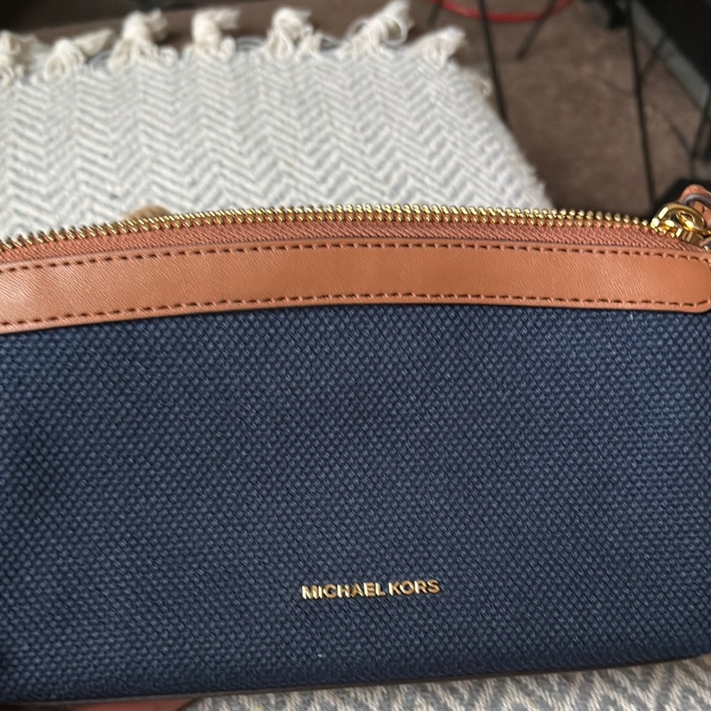Michael Kors Blue and Tan Belt Bag with Gold Hardware